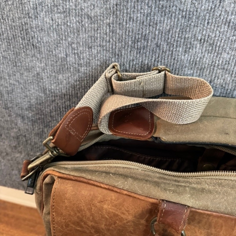 LL Bean Vintage Waxed Canvas Leather Briefcase Laptop Bag Olive Brown Satchel - Picture 15 of 16